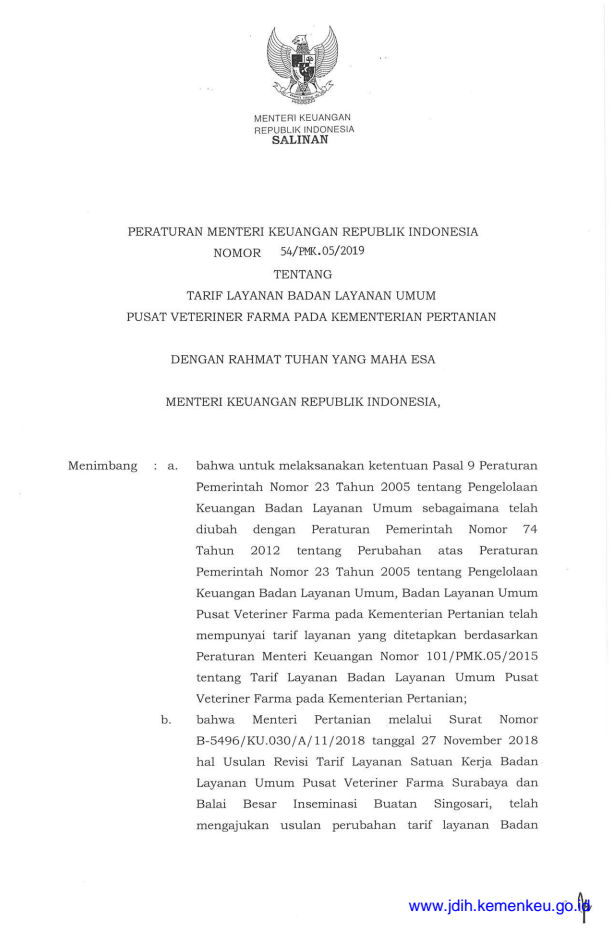 Peraturan Menteri Keuangan Nomor 54/PMK.05/2019