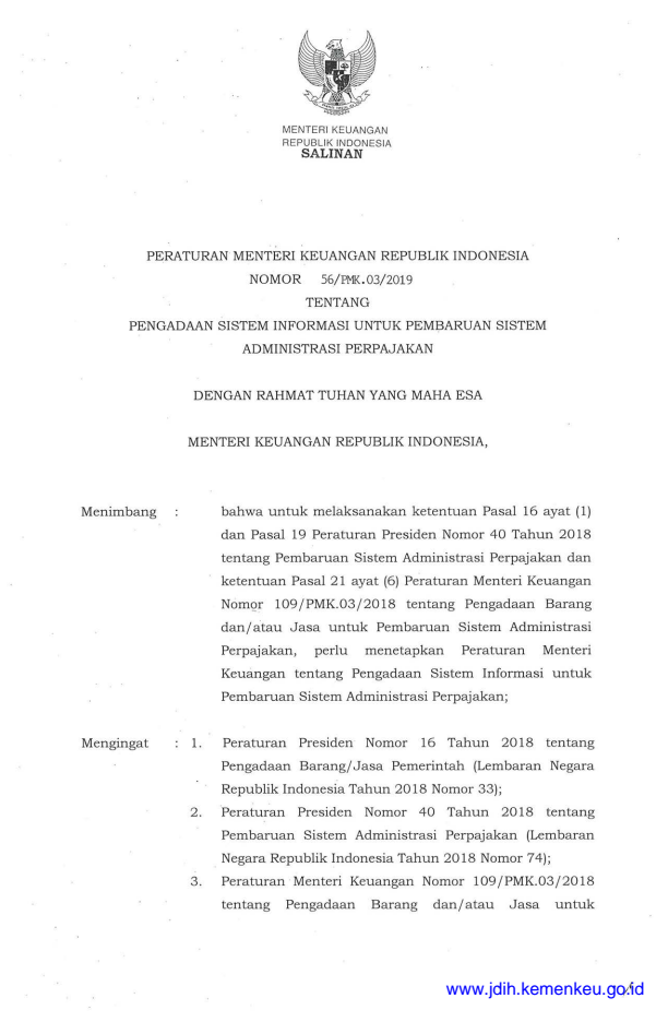 Peraturan Menteri Keuangan Nomor 56/PMK.03/2019