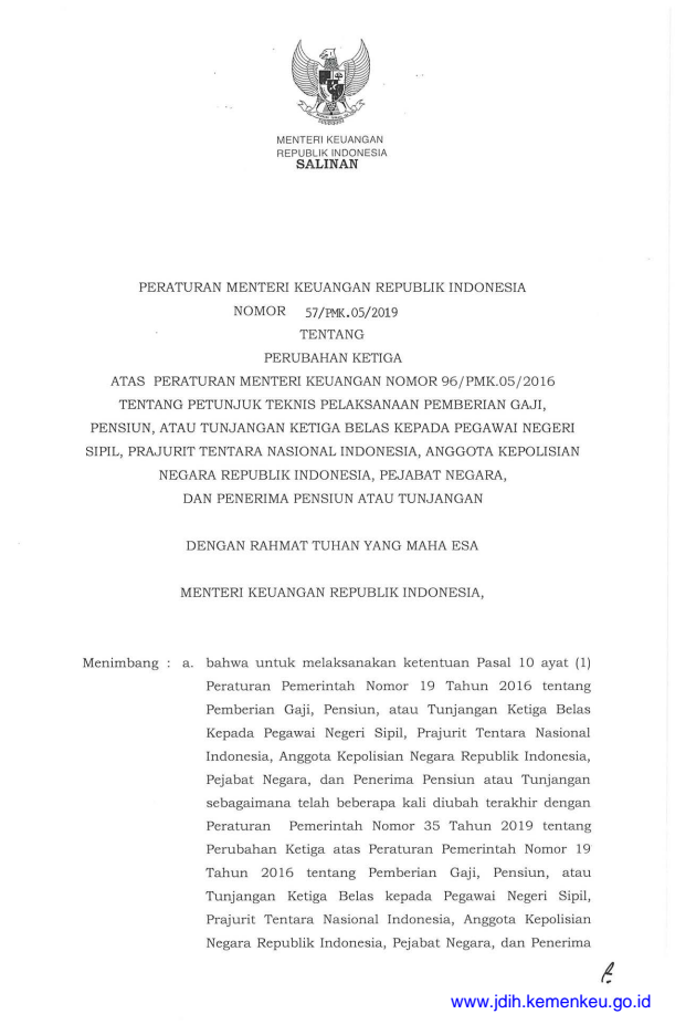 Peraturan Menteri Keuangan Nomor 57/PMK.05/2019