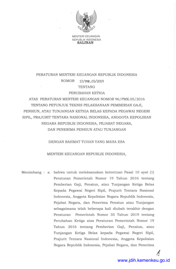 Peraturan Menteri Keuangan Nomor 57/PMK.05/2019