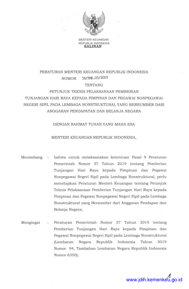 Peraturan Menteri Keuangan Nomor 59/PMK.05/2019