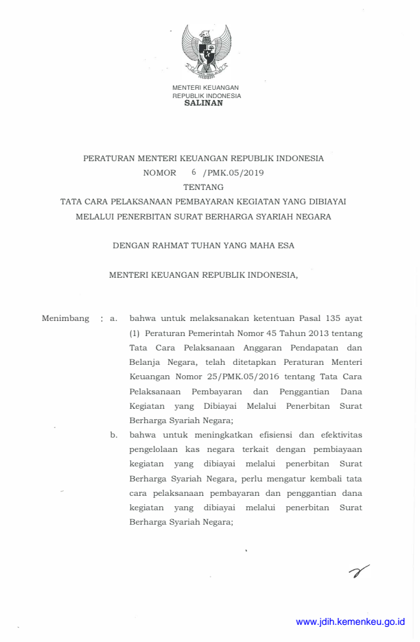 Peraturan Menteri Keuangan Nomor 6/PMK.05/2019