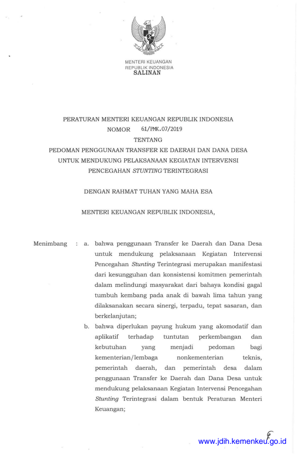 Peraturan Menteri Keuangan Nomor 61/PMK.07/2019