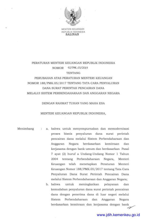 Peraturan Menteri Keuangan Nomor 62/PMK.05/2019