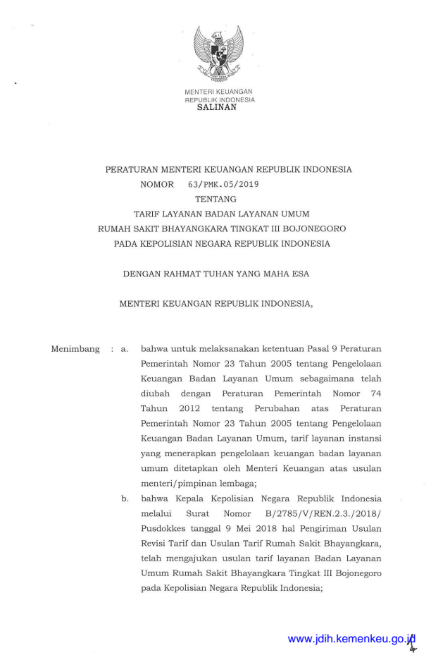 Peraturan Menteri Keuangan Nomor 63/PMK.05/2019