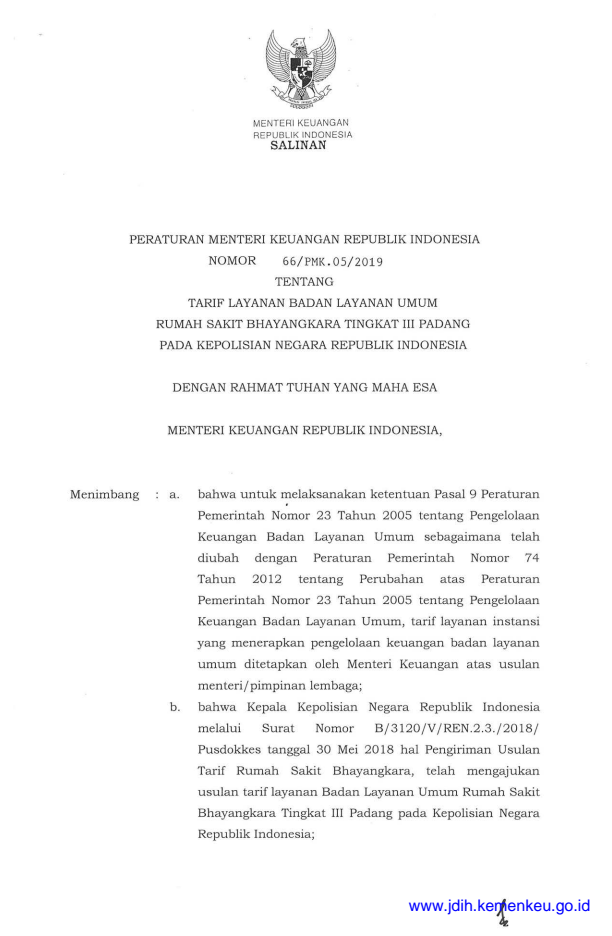 Peraturan Menteri Keuangan Nomor 66/PMK.05/2019