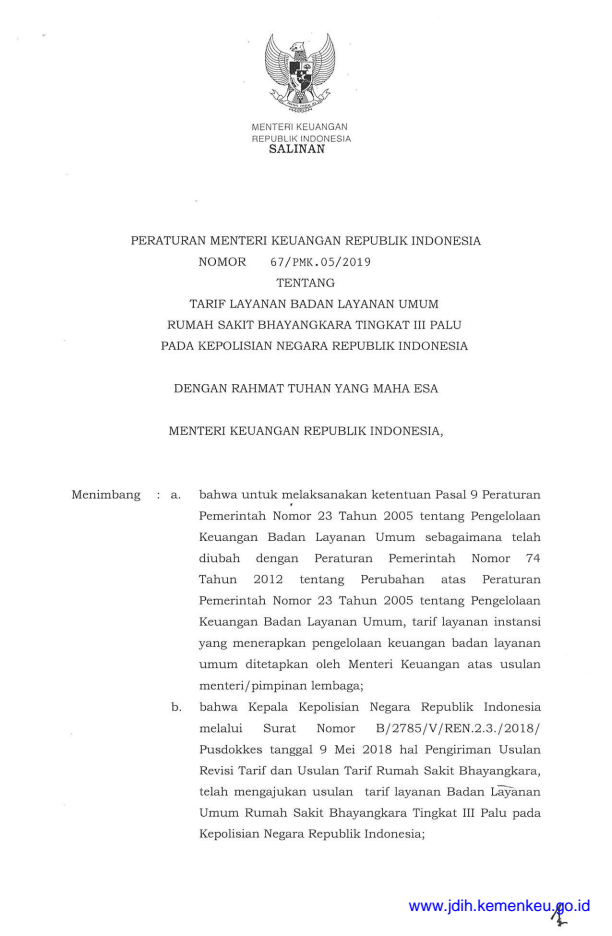 Peraturan Menteri Keuangan Nomor 67/PMK.05/2019