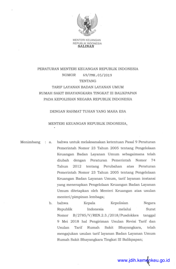 Peraturan Menteri Keuangan Nomor 69/PMK.05/2019