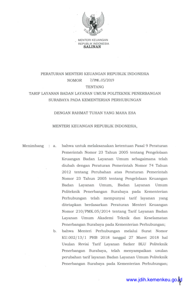 Peraturan Menteri Keuangan Nomor 7/PMK.05/2019