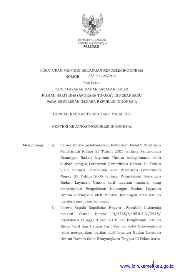 Peraturan Menteri Keuangan Nomor 72/PMK.05/2019