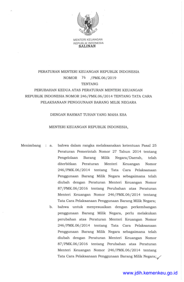 Peraturan Menteri Keuangan Nomor 76/PMK.06/2019