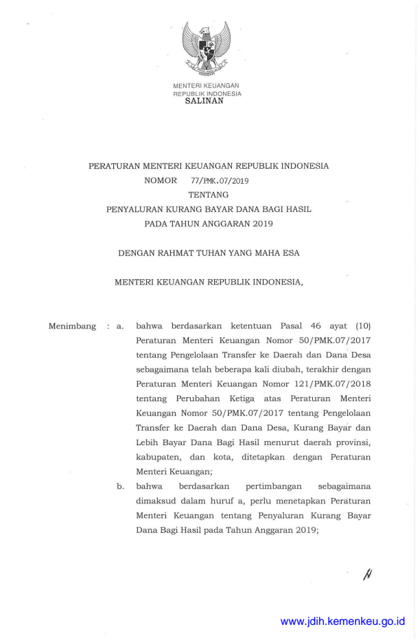 Peraturan Menteri Keuangan Nomor 77/PMK.07/2019