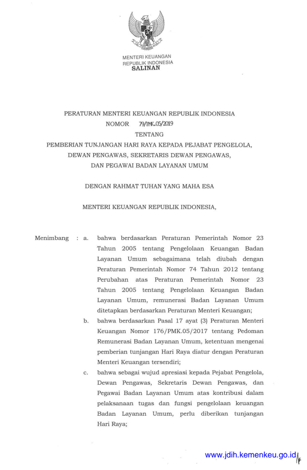 Peraturan Menteri Keuangan Nomor 79/PMK.05/2019