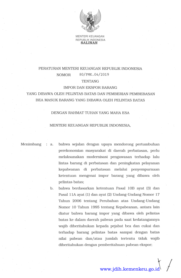 Peraturan Menteri Keuangan Nomor 80/PMK.04/2019