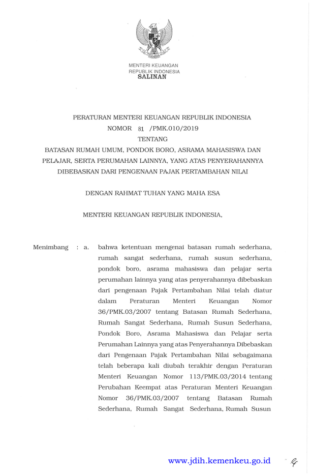 Peraturan Menteri Keuangan Nomor 81/PMK.010/2019