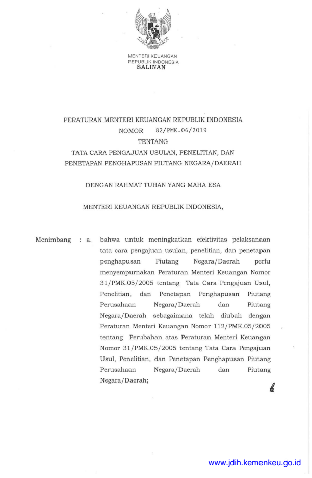 Peraturan Menteri Keuangan Nomor 82/PMK.06/2019