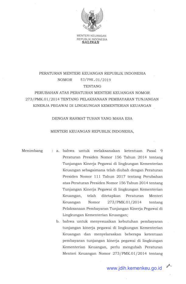 Peraturan Menteri Keuangan Nomor 83/PMK.01/2019