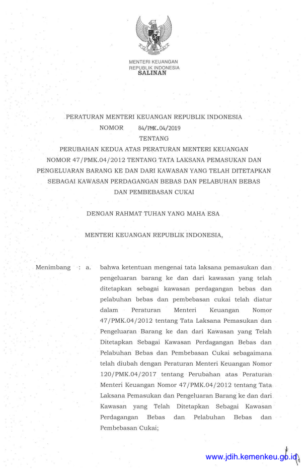 Peraturan Menteri Keuangan Nomor 84/PMK.04/2019