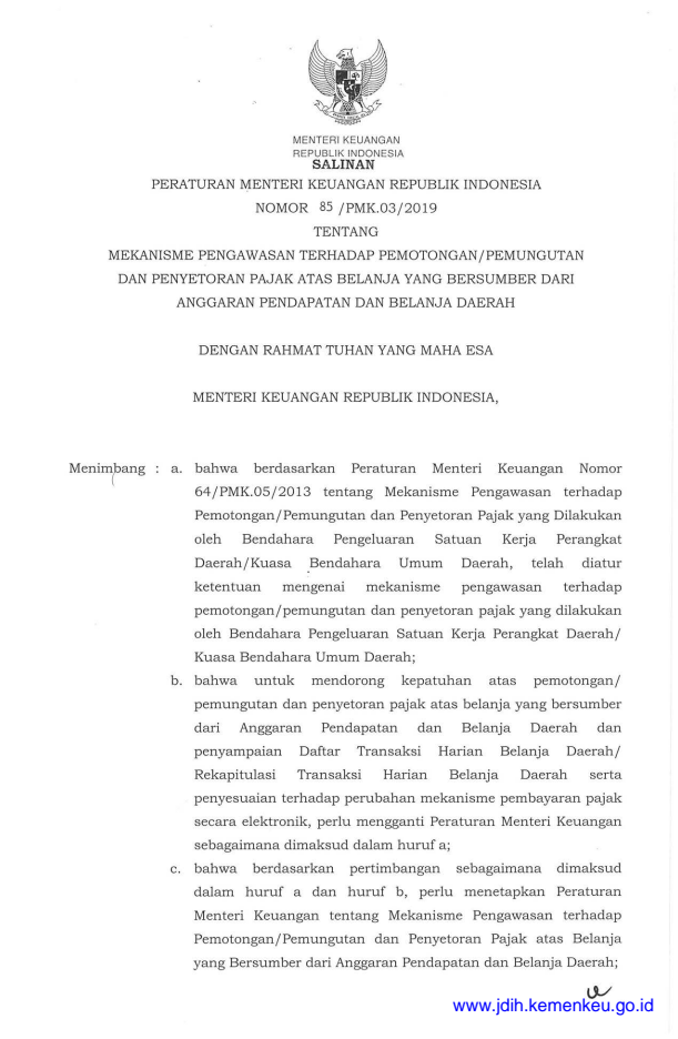 Peraturan Menteri Keuangan Nomor 85/PMK.03/2019