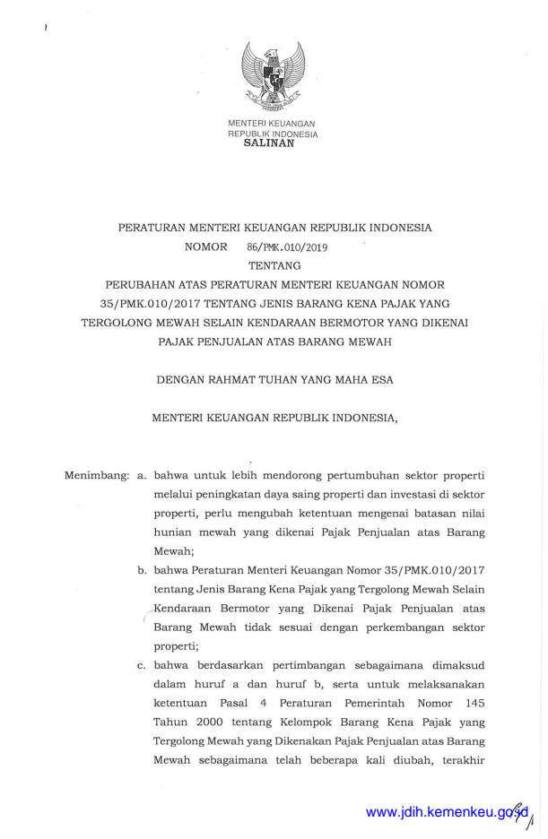 Peraturan Menteri Keuangan Nomor 86/PMK.010/2019