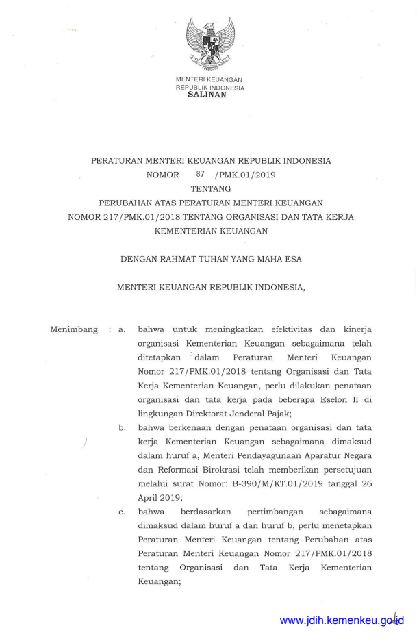 Peraturan Menteri Keuangan Nomor 87/PMK.01/2019