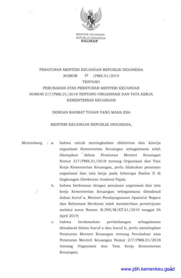 Peraturan Menteri Keuangan Nomor 87/PMK.01/2019
