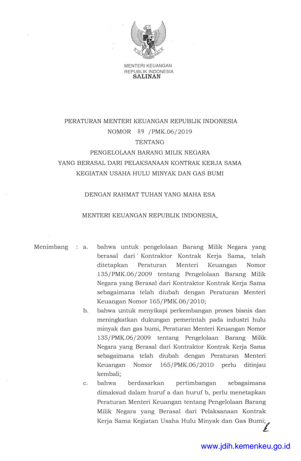 Peraturan Menteri Keuangan Nomor 89/PMK.06/2019