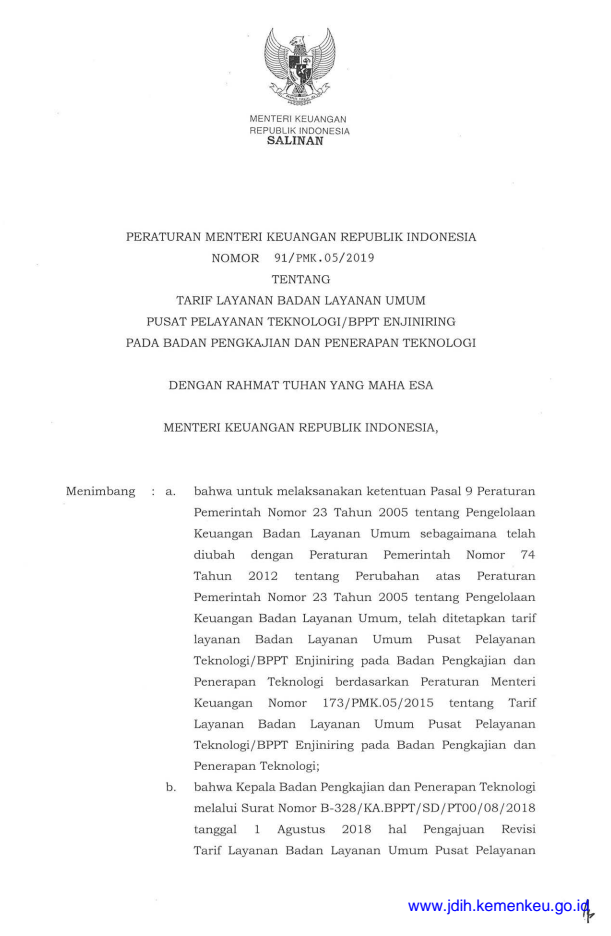 Peraturan Menteri Keuangan Nomor 91/PMK.05/2019