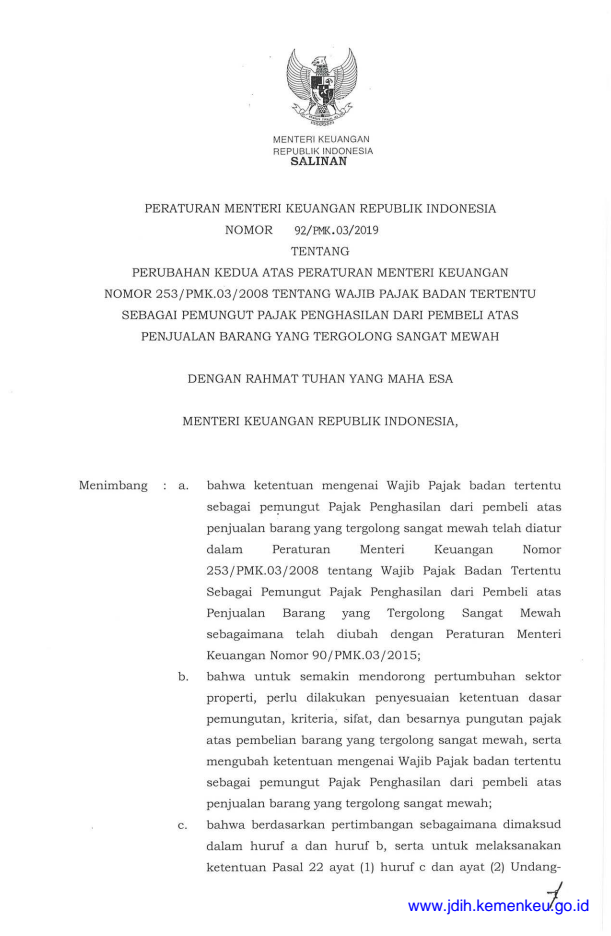 Peraturan Menteri Keuangan Nomor 92/PMK.03/2019