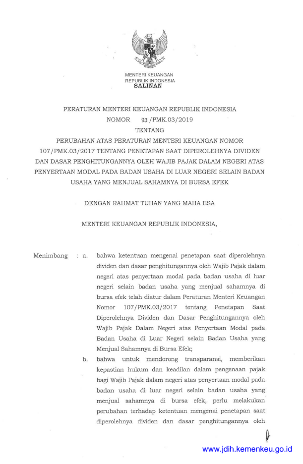 Peraturan Menteri Keuangan Nomor 93/PMK.03/2019