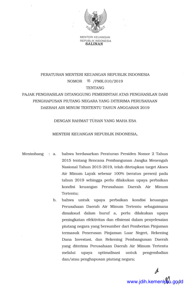 Peraturan Menteri Keuangan Nomor 95/PMK.010/2019