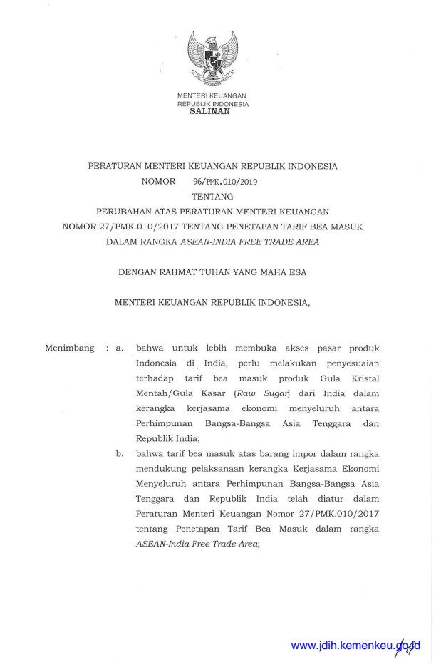 Peraturan Menteri Keuangan Nomor 96/PMK.010/2019