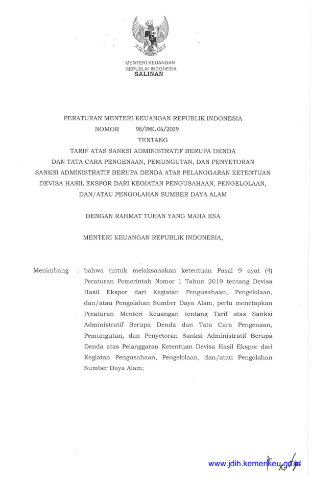 Peraturan Menteri Keuangan Nomor 98/PMK.04/2019