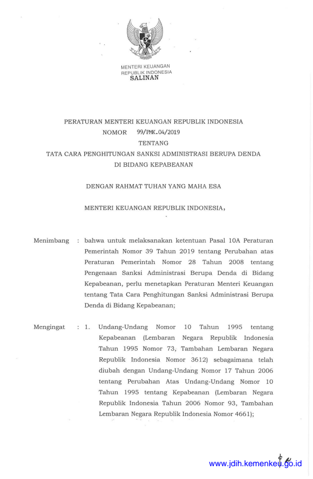 Peraturan Menteri Keuangan Nomor 99/PMK.04/2019