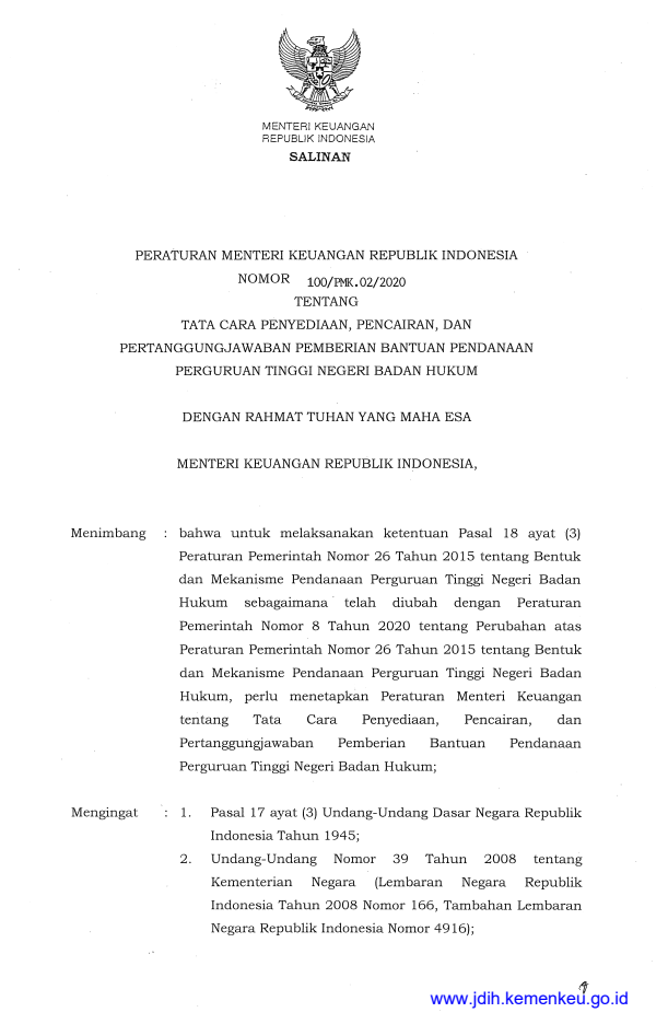 Peraturan Menteri Keuangan Nomor 100/PMK.02/2020