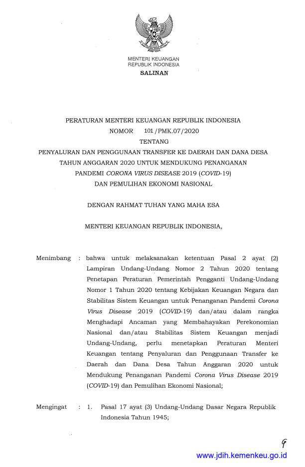 Peraturan Menteri Keuangan Nomor 101/PMK.07/2020