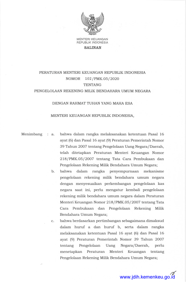 Peraturan Menteri Keuangan Nomor 102/PMK.05/2020