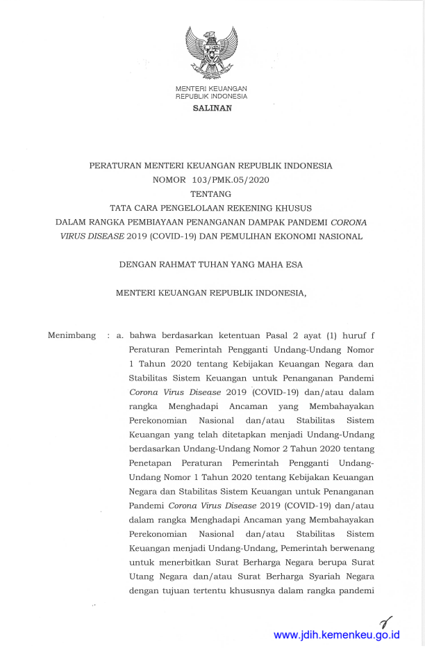 Peraturan Menteri Keuangan Nomor 103/PMK.05/2020