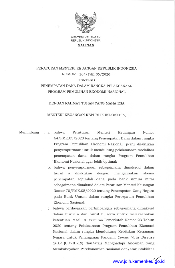 Peraturan Menteri Keuangan Nomor 104/PMK.05/2020