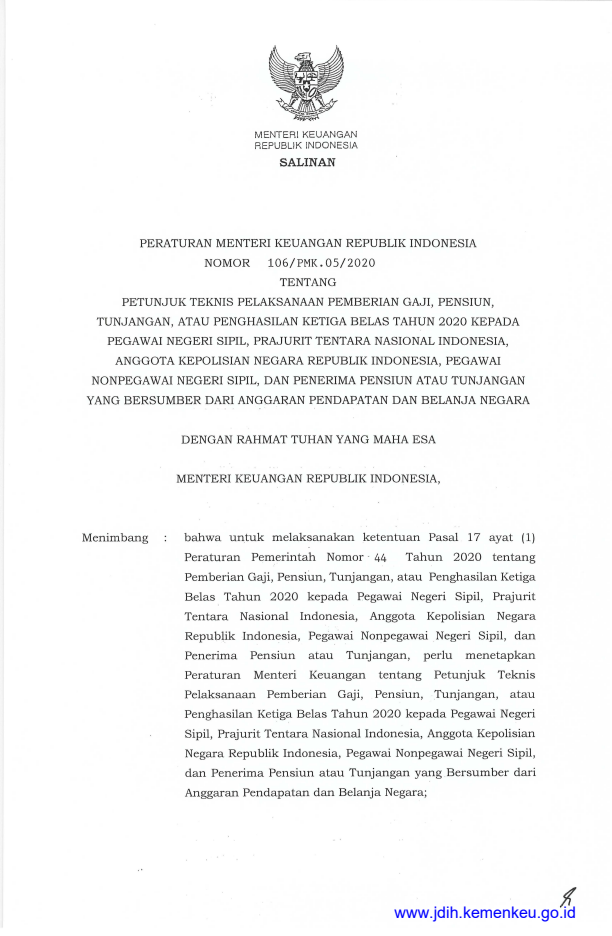 Peraturan Menteri Keuangan Nomor 106/PMK.05/2020