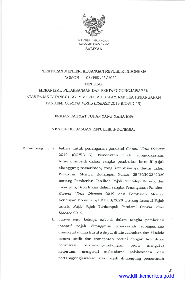 Peraturan Menteri Keuangan Nomor 107/PMK.05/2020