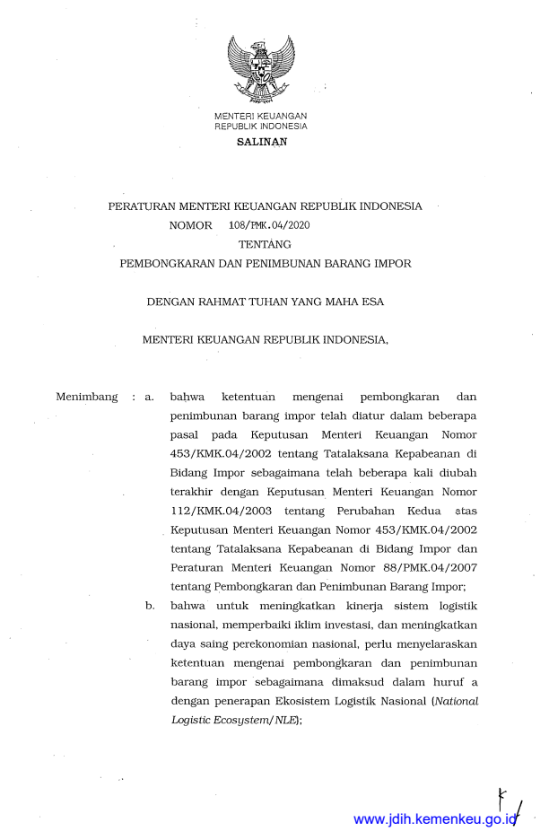 Peraturan Menteri Keuangan Nomor 108/PMK.04/2020