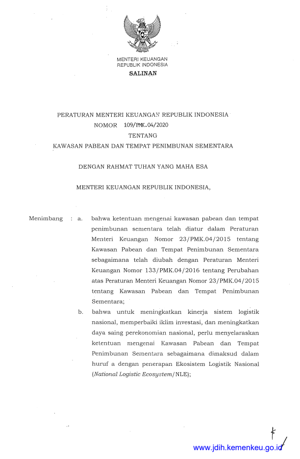 Peraturan Menteri Keuangan Nomor 109/PMK.04/2020