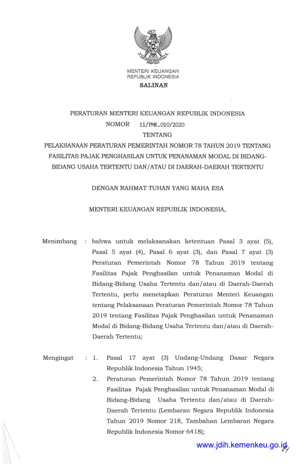 Peraturan Menteri Keuangan Nomor 11/PMK.010/2020