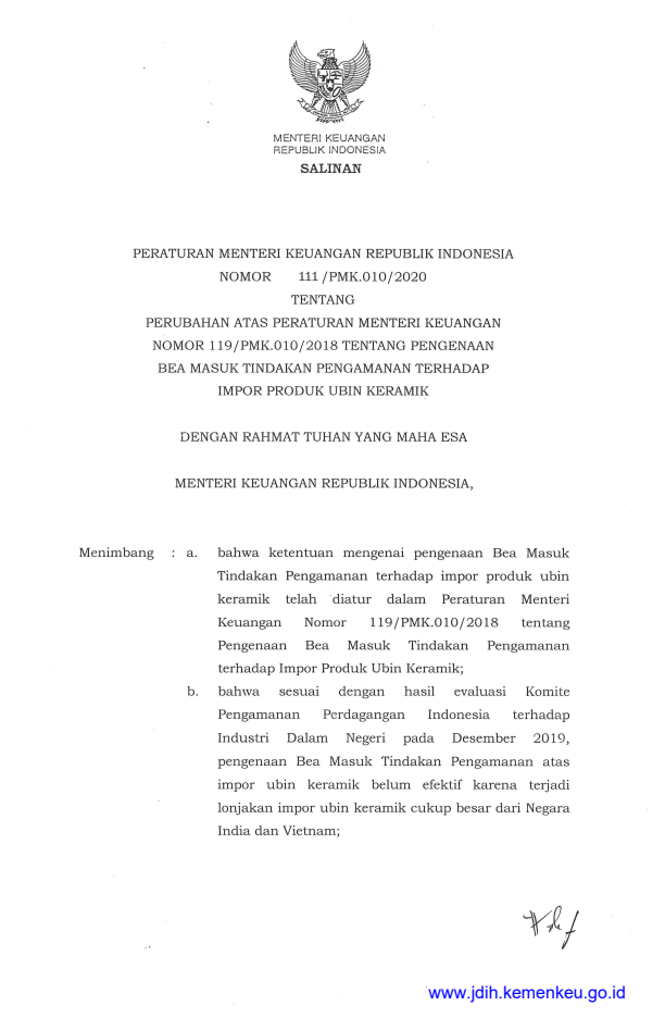 Peraturan Menteri Keuangan Nomor 111/PMK.010/2020