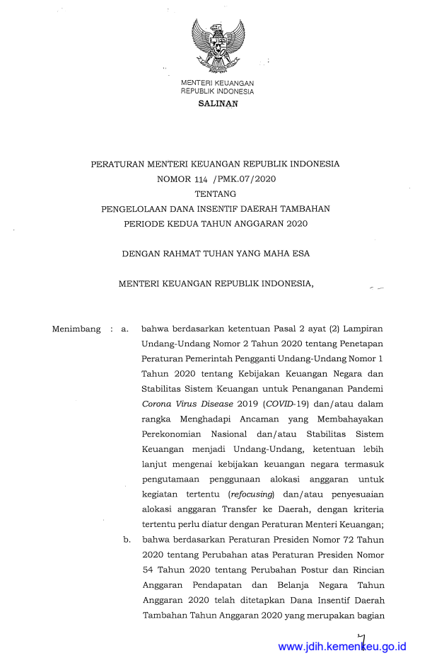 Peraturan Menteri Keuangan Nomor 114/PMK.07/2020