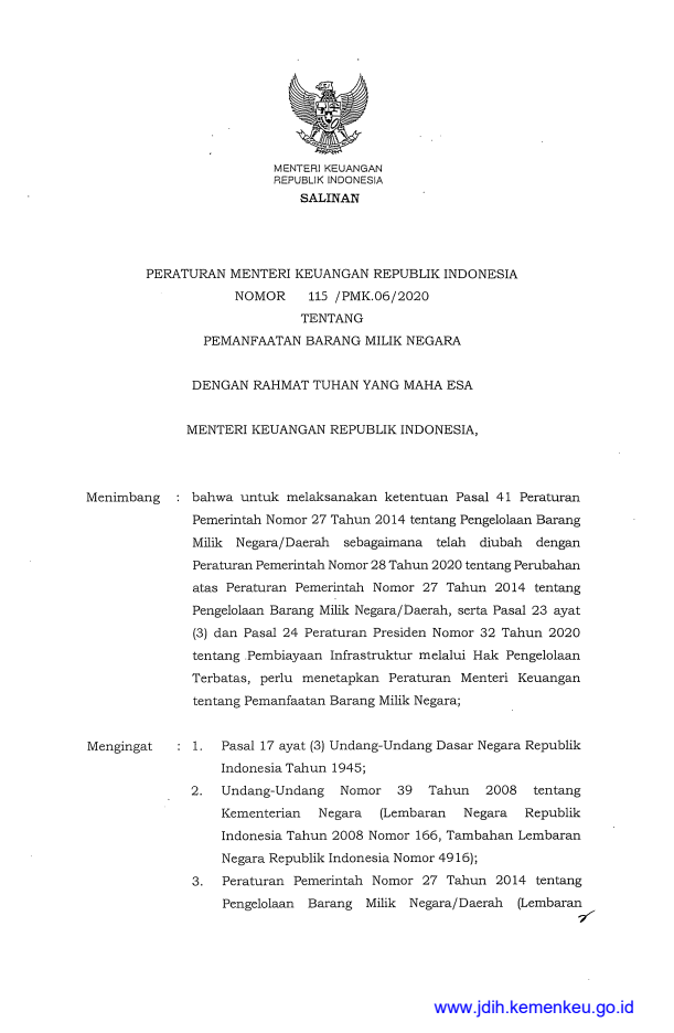 Peraturan Menteri Keuangan Nomor 115/PMK.06/2020
