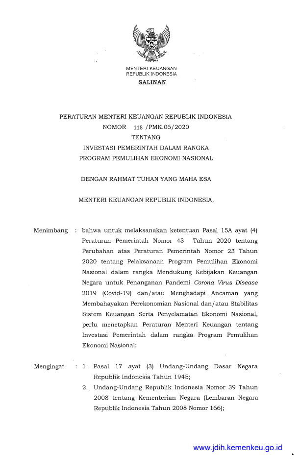 Peraturan Menteri Keuangan Nomor 118/PMK.06/2020