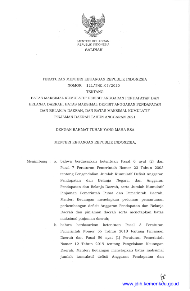 Peraturan Menteri Keuangan Nomor 121/PMK.07/2020