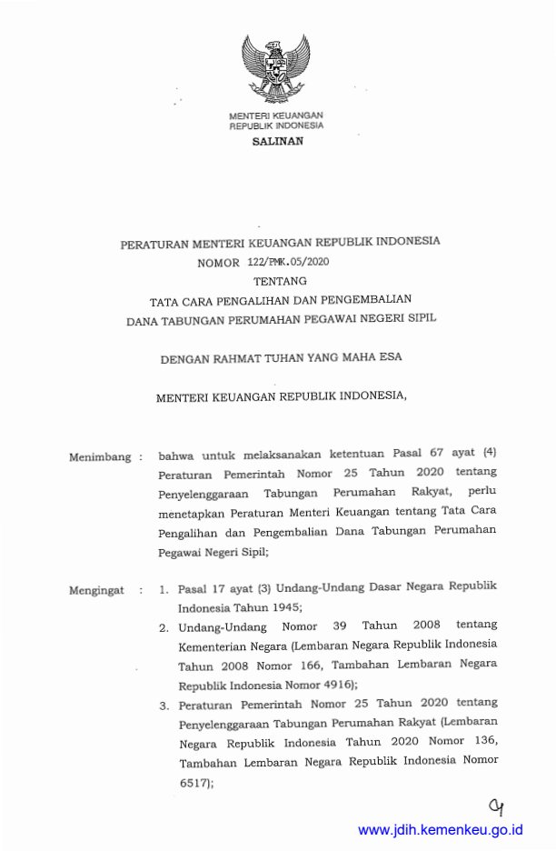 Peraturan Menteri Keuangan Nomor 122/PMK.05/2020